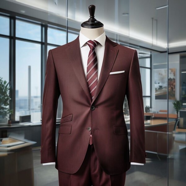 burgundy formal suit displayed against elegant belgian architecture