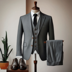 elegant gray suit ensemble displayed on mannequin with accessories