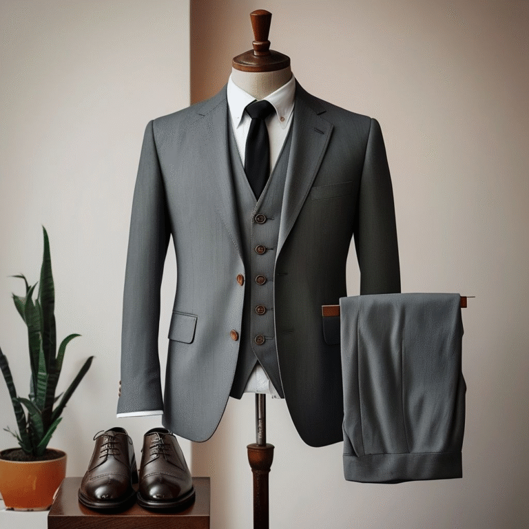 elegant gray suit ensemble displayed on mannequin with accessories