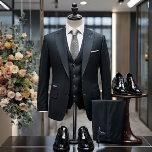 formal black suit displayed elegantly on a mannequin