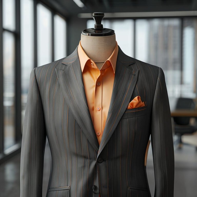 formal gray pinstripe suit displayed against classical building