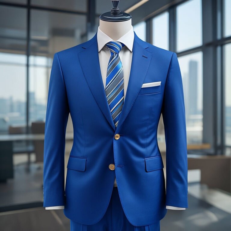 formal men's suit displayed on mannequin in urban setting