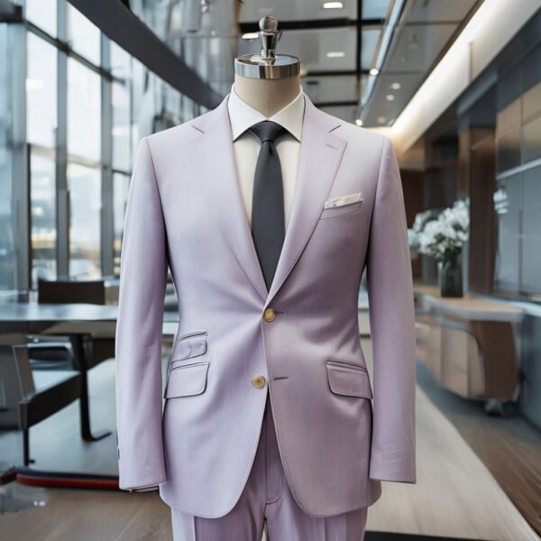 lavender suit displayed against historic belgian architecture