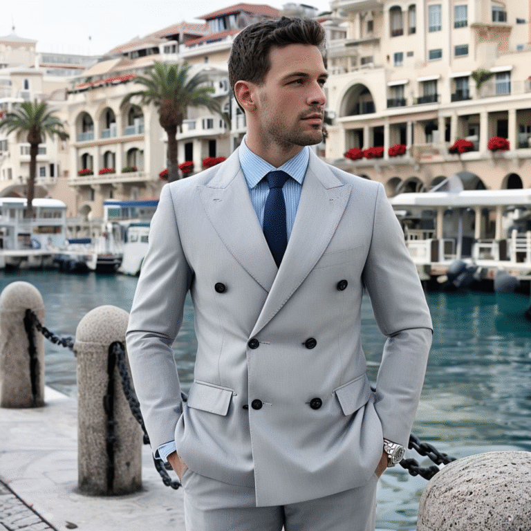 man in elegant light gray suit at waterfront promenade