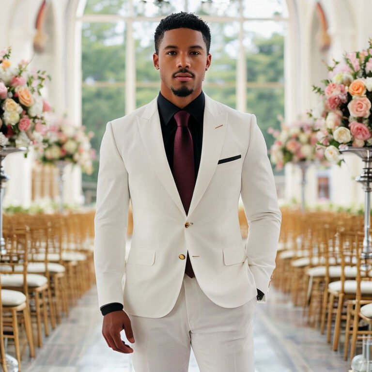 Custom Suit Lining: A Complete Guide to Material, Design, and Functionality man in white suit with maroon tie surrounded by floral arrangements