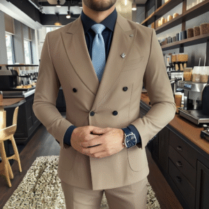 well dressed man in light brown suit at stylish coffee shop