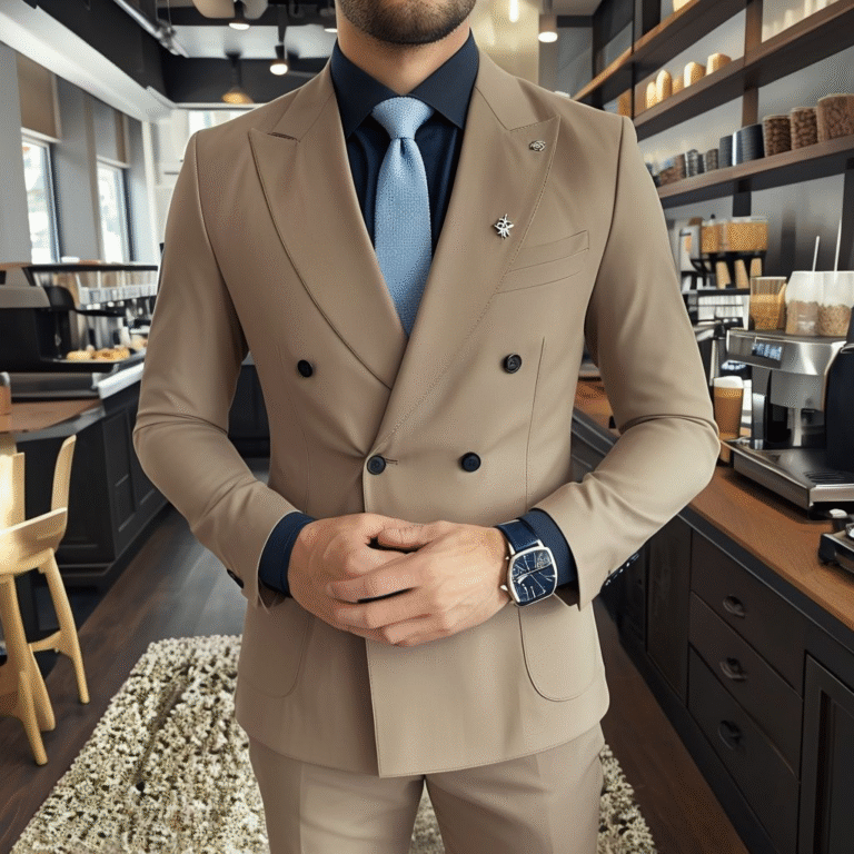 well dressed man in light brown suit at stylish coffee shop