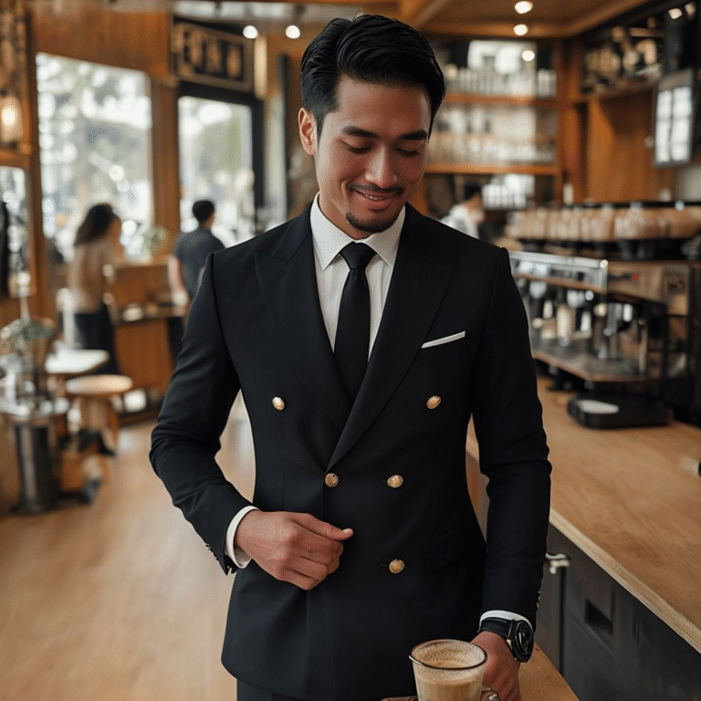 Sample Fitting for High-End Custom-Tailored Suits: The Key Step from "Well-Fitted" to "Perfectly Suited" man in formal black suit smiling at coffee shop