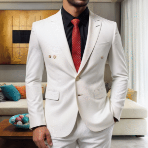 man in white suit with red tie in modern interior