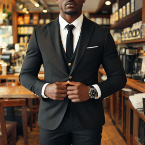 man in formal black suit posed inside cozy coffee shop