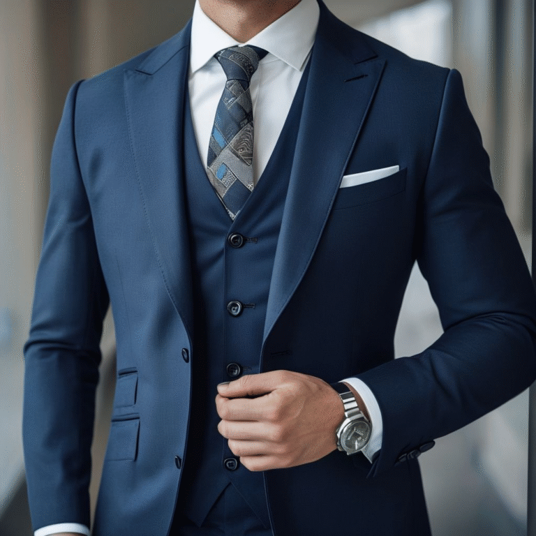 Top-tier bespoke suit craftsmanship formal man in stylish navy suit against warm gradient background 2